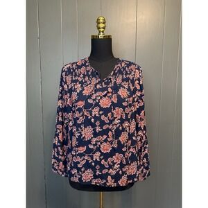 Lucky Brand Floral Red Blue Smocked Long Sleeve Blouse Top S Small‎